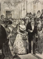 Königin Margherita von Savoyen bei einer Feier des Künstlerclubs (Circolo Artistico) von Rom, begleitet vom Bildhauer Giulio Monteverde, Italien (Stich nach einer Zeichnung von Dante Paolocci)