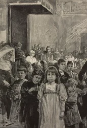 Empfang von Kindern bei den Jubiläumsfeierlichkeiten von Papst Leo XIII., Vatikan, Gravur nach einer Zeichnung von Dante Paolocci, aus L