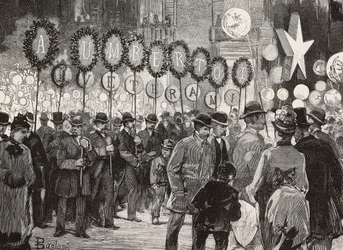 Fackelzug zu Ehren von König Umberto I. am Abend des 1. Dezember, Rom, Italien, Gravur nach einer Zeichnung von Dante Paolocci, aus L