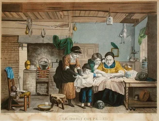 Der geschnittene Finger, graviert von Joly, ca. 1830-40 (farbige Gravur)