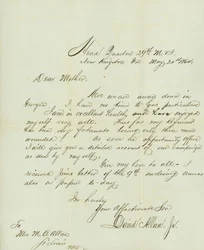 Brief unterzeichnet David Allan, Jr., Hauptquartier 29. M.V.I., in der Nähe von Kingston, Ga., an seine Mutter Frau M.A. Allan, St. Louis, Mo., 20. Mai 1864