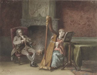Interieur mit Mädchen, das Harfe spielt, und einem Herrn, der zuschaut