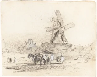 Ein Wagen mit zwei Pferden in der Nähe einer Windmühle