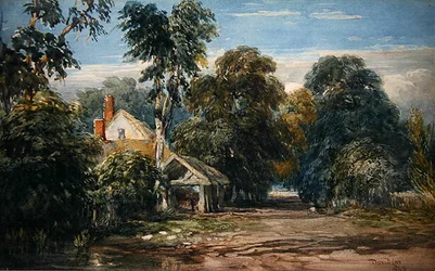 Ein Cottage und ein Stall am Waldrand
