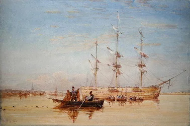 Ein Kriegsschiff vor Anker in der Themse