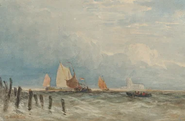 Niederländische Fischkutter vor der Küste, mit Grote Kerk, Dordrecht in der Ferne