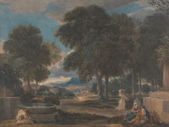 Landschaft mit einem Mann, der seine Füße an einem Brunnen wäscht, nach Poussin