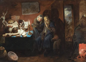 Ein Interieur mit einem Alchemisten, einer Frau und einem Kind (Vanitas)