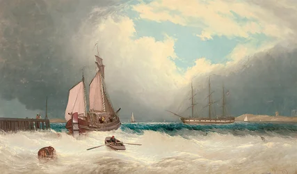 Eine Barke läuft aus dem Hafen aus, eine Fregatte liegt vor Anker dahinter