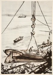 Auf einem Kriegsschiff: Ein Boot vom Hauptkran ablassen, Illustration aus 