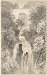 Ansicht eines Wasserfalls (Vorderseite); Landschaftsstudie (Rückseite)
