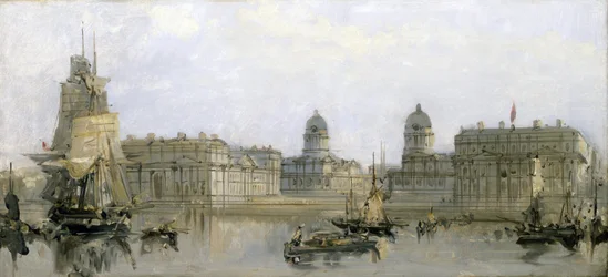 Greenwich Hospital, gesehen von der Themse (England). Öl auf Leinwand, circa 1860, von David Roberts (1796-1864)