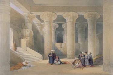 Inneres des Tempels von Esna, Oberägypten, aus „Ägypten und Nubien“, gestochen von Louis Haghe, veröffentlicht in London, 1838