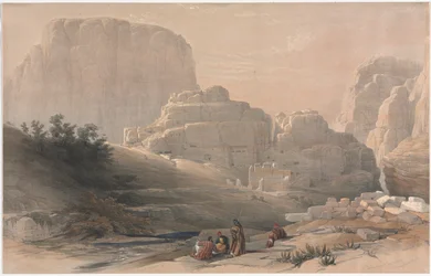 Petra, unteres Ende des Tals, Blick auf die Akropolis, 1839