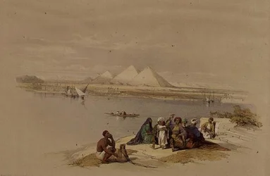 Die Pyramiden von Gizeh vom Nil aus, aus 
