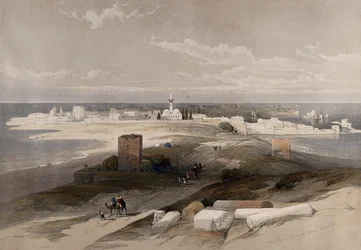 Die antike Stadt Tyrus, vom Isthmus aus gesehen. Farblithographie nach David Roberts, 1843.