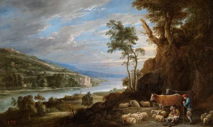 Landschaft mit Hirten und einer fernen Ansicht eines Schlosses