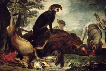 Hunde mit erlegtem Wildschwein und Hirsch