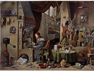 Alchemistenlabor im 17. Jahrhundert - nach dem Gemälde von David Teniers dem Jüngeren.