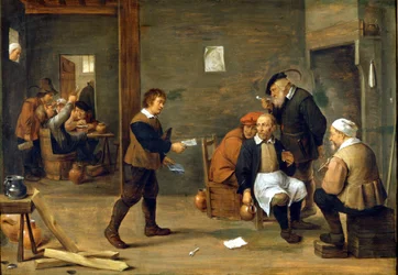 Eine Gruppe von Männern wärmt sich vor einem Kamin. Gemälde von David Teniers dem Jüngeren (1610 - 1690) Mailand, Museo del Castello.