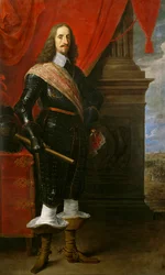 Erzherzog Leopold Wilhelm, im Hintergrund die Belagerung von Gravlingen während des Dreißigjährigen Krieges