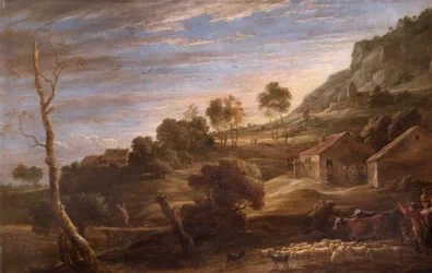 Landschaft mit Bauern, die Vieh treiben, ca. 1670-90