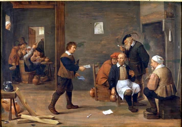Männer wärmen sich vor dem Kamin in einer Kneipe von David Teniers (1610 - 1690). Museo del Castello. Mailand