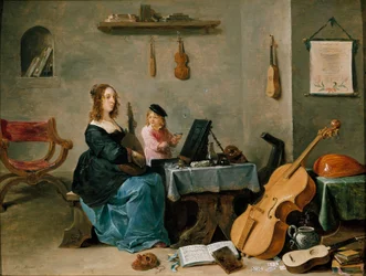 Die Frau und der Sohn des Malers. Porträt der Familie des Künstlers, die junge Frau spielt Musik in einem Raum voller Instrumente, während das Kind Seifenblasen macht. Gemälde von David Teniers dem Jüngeren (1610-1690). 17. Jahrhundert. Turin, Galleria Sab