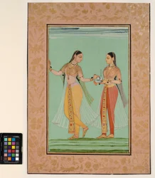 Eine stehende Dame, die von ihrer Dienerin ein Tablett angeboten bekommt