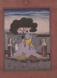 BL Kat. Nr.428, aus einem Johnson Album Nr. 20 Artikel 3, Krishna spielt für zwei Gopis, Hyderabad, ca. 1770