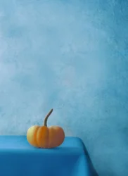 Oranger Kürbis auf blauem Tisch