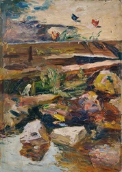 Bachufer mit Hühnern