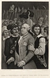 Ludwig XVI. von der Menge bedroht bei ihrem Besuch in den Tuilerien, 20. Juni 1792, graviert von John Sartain