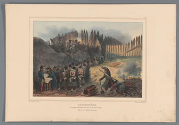 Gruppe Soldaten zieht durch eine Öffnung in der Palisade, 1832