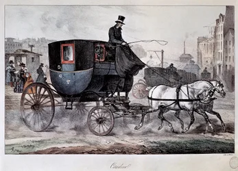 Öffentlicher Verkehr im 19. Jahrhundert: Eine Kutsche in den Straßen von Paris (farbige Gravur)