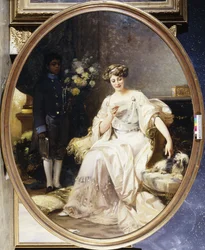 Porträt einer Dame, angeblich Anna de Noailles, sitzend in voller Länge, mit einem Pagen in einem Innenraum
