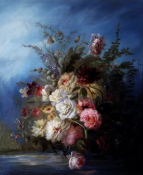 Stillleben. Blumenstrauß am Wasser mit Rosen und Tulpen. Gemälde von Denis Pierre Bergeret (1846-1910).