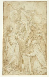 Christus in den Wolken, getragen von Engeln, erscheint einem Bischof an einem Lesepult, einem Bischofsheiligen (St. Augustin?) und Katharina von Alexandria
