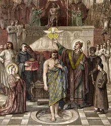 Der heilige Remigius tauft Chlodwig in Reims - Die Taufe des Königs der Franken Chlodwig I. in Reims durch den Bischof Saint Remi am 25.12.496 (oder 499) - Gravur nach dem Gemälde von Désiré François Laugée