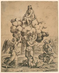 Die Erzengel Michael, Gabriel und Raphael, die Madonna und das Kind anbetend