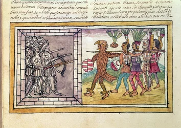 Codex Duran: Pedro de Alvarado (ca. 1485-1541), Waffenbruder von Hernando Cortes (1485-1547), belagert von aztekischen Kriegern