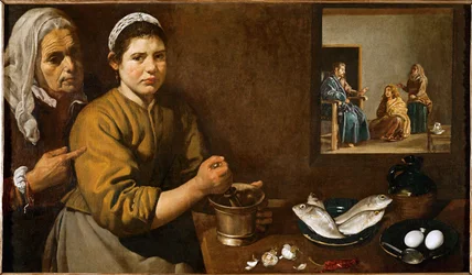 Küchenszene mit Christus im Haus von Martha und Maria, den Schwestern des Lazarus