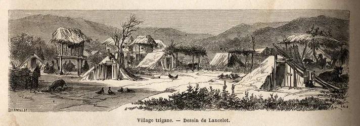 Ein Zigeunerdorf. Gravur zur Illustration der Reise von Paris nach Bukarest, von Lancelot, Zeichner, 1860, veröffentlicht in "Le tour du monde, nouveau journal des voyages"