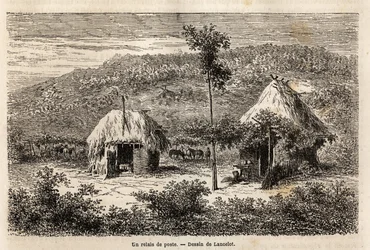 Ein Postrelais zwischen Bukarest und Pitesti. Gravur zur Illustration der Reise von Paris nach Bukarest (Rumänien), 1860, von Lancelot, Zeichner, in „Le tour du monde, nouveau journal des voyages“, veröffentlicht unter der Leitung von Edouard Charton