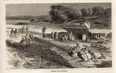 Ein Holzfloß auf der Donau, zum Transport von Waren und Personen, Zeichnung von Lancelot, zur Illustration von Victor Duruy