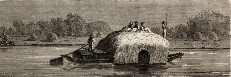 Schneiden, Ernten und Transportieren von Futter am Ufer der Donau. Zeichnung von Lancelot, zur Illustration seiner Reise von Paris nach Bukarest im Jahr 1860. Gravur in „Le tour du monde“, herausgegeben von Edouard Charton