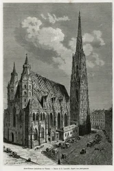 Stephansdom (erbaut zwischen 1113 und 1147), Wien (Österreich). Gravur von Lancelot, zur Illustration der Geschichte Wien und seine Vororte von M. Newlinski, 1881, veröffentlicht in Le tour du monde