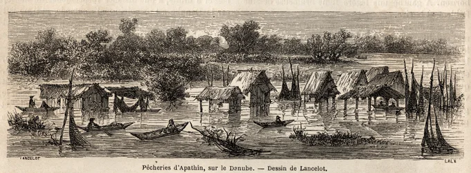 Die Fischerei von Apathin (Serbien), an der Donau. Zeichnung von Lancelot zur Illustration seiner Reise von Paris nach Bukarest im Jahr 1860. Gravur in „Le tour du monde“, herausgegeben von Edouard Charton