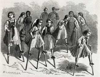 Das Spiel der Stelzen in Ulm, entworfen von Lancelot, zur Illustration der Reise von Victor Duruy von Paris nach Bukarest im Jahr 1860. Gravur in „Le tour du monde“, herausgegeben von Edouard Charton