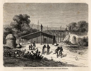 Das Spiel des Rings unter den Mohave-Indianern, Zeichnung von Lancelot, zur Illustration der Reise vom Mississippi zum Pazifischen Ozean in den Jahren 1853-54 von Baudouin Mollhausen (1825-1905). Gravur in „Le tour du monde, nouveau journal des voyages“ Pa